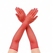 Fashionable Rhinestone Shiny Mesh Clubbing Sexy Black Fishnet Elastic Rhinestone Gloves, Suitable For Halloween & Carnival
