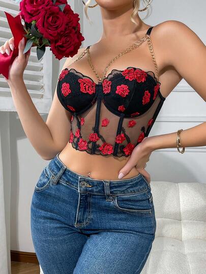 Single Piece Cross-Border New Rose Embroidery Sexy Mesh See-Through Outfit, Adjustable Straps, Women's Bustier Top