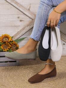 Women's Casual Knit Flat Shoes - Square Toe Slip-On With Tassel Detail, Lightweight Breathable Fabric Upper And Rubber Sole, Suitable For Walking, Home, Outdoor - Olive Green, Black, White, Brown, Comfortable For All Seasons, Casual Slip-On Mules, Synthetic Insole