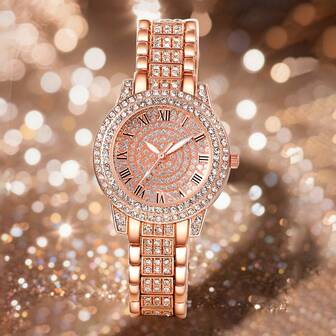 Conjunto de reloj de mujer, reloj de cuarzo elegante y conjunto de joyería, reloj de esfera redonda de moda, collar de rhinestone, aretes, anillo, pulsera, adecuado para uso diario, regalo de cumpleaños, fiesta, reunión festiva, también un regalo ideal para ti o tus amigos. No se incluye caja de embalaje.