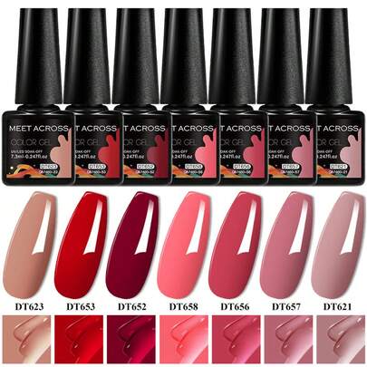 7Pcs/Set 7.3ml Red PinK Blue Purple Gel Nail Polish Sparkly Glitter Semi Permanent Nail Art LED UV Nail Art Gel Vernis Semi Permanent Base Top Coat Gel Varnish Nail Supplies