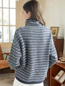 Knit Mix Women's Autumn/Winter Fashion French Elegant Commute Knit Contrast Color Striped Turtleneck Long Sleeve Regular Loose Pullover Sweater Top - Navy Blue - View 3