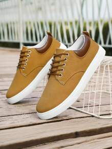 Plus Size Men's Solid Color Casual Skateboard Shoes, Canvas Upper, Breathable Non-Slip Lace-Up Sneakers, Suitable For Outdoor, Street Style