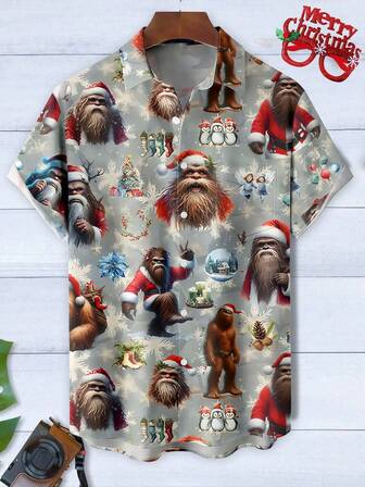 Christmas Gorilla Print Button Pocket Short Sleeve Shirt For Men