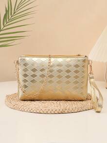 Bolso de hombro y bandolera de cadena de unicolor minimalista con relieve de PU dorado - Dorado - Ver 3