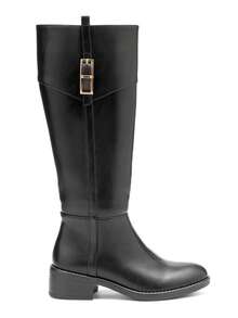calcena Women's Classic Equestrian Knee-High Boots With A Decorative Top Cuff Strap And Gold-Tone Buckle, Elegant Riding Style With A Low Block Heel And Round Toe For All-Day Comfort - Black - View 2
