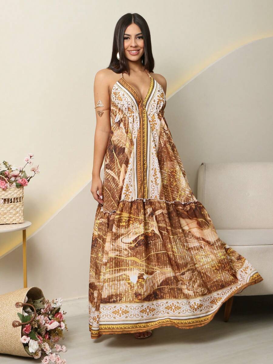 SUMMER DRESS WITH VARIOUS COLOR PRINT, VISCOLINHO DUNA, LONG, OPENING ON THE BACK, SHIRT, V-CUT - Rỉ Nâu - Xem 1