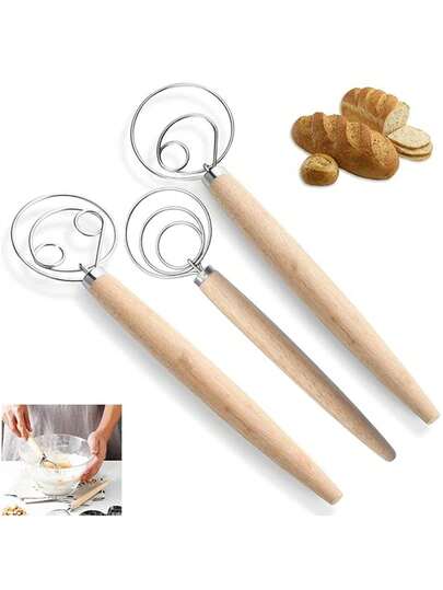1 件木柄面粉筛、丹麦面团搅拌器、不锈钢线圈搅拌器工具