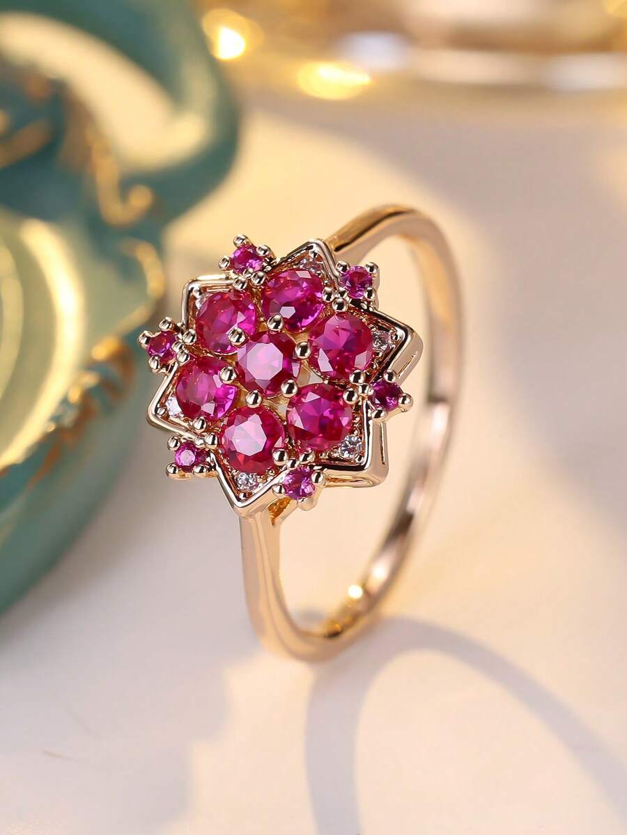 1 chiếc nhẫn nữ mạ vàng sâm panh đính đá Cubic Zirconia tổng hợp hình hoa hướng dương thanh lịch, sang trọng cho các buổi tụ họp lễ hội và đeo hàng ngày, phù hợp với mọi mùa - Màu Hồng Tươi - Xem 1