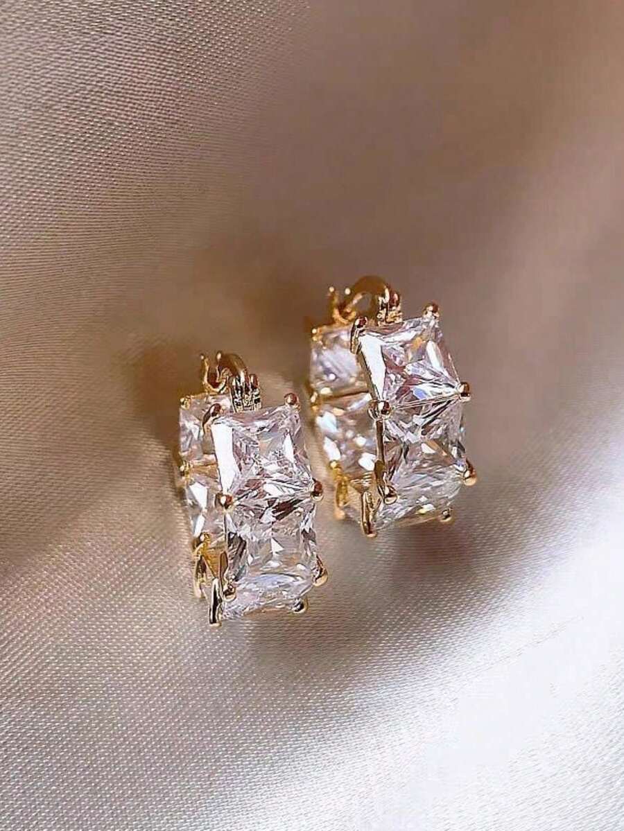 2pcs Square Earrings, Gold Plated Stud Earrings, Bridal Bridesmaid Wedding Party Jewelry Gift, Unisex Couples Birthday Anniversary Gift For Girlfriend Wife - Green - View 1