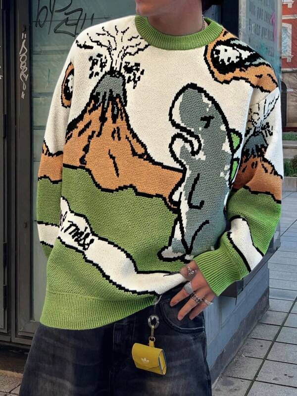 Unisex Casual Loose Fit Pullover Sweater, Versatile Solid Color Or Cartoon Dinosaur/Abstract Painting Pattern, Round Neck, Long Sleeve, Suitable For Autumn And Winter