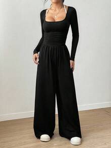 Women's Casual Pleated Loose Straight Jumpsuit - Black - View 8