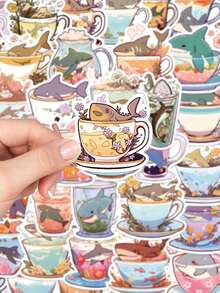 50 Stücke lustige Cartoon Becher Hai Aufkleber für Laptop, Skateboard, Computer, Autos, Kühlschrank, Handy, Dekoraufkleber