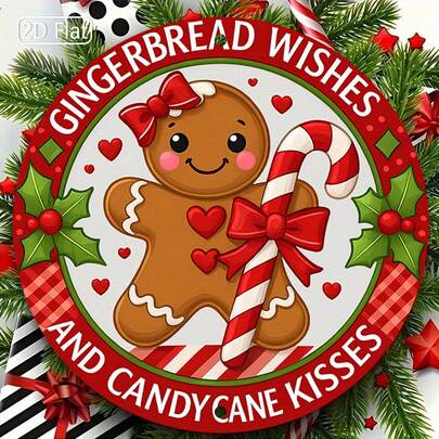 1件姜饼女孩圆形金属墙饰 - 可爱的姜饼女孩，搭配红绿圣诞拐杖糖 - 经久耐用的节日装饰品，适用于客厅、厨房、儿童房 - 预钻孔方便悬挂 - 非常适合圣诞派对和全年装饰，轻巧的艺术品，充满节日氛围，2D平面设计