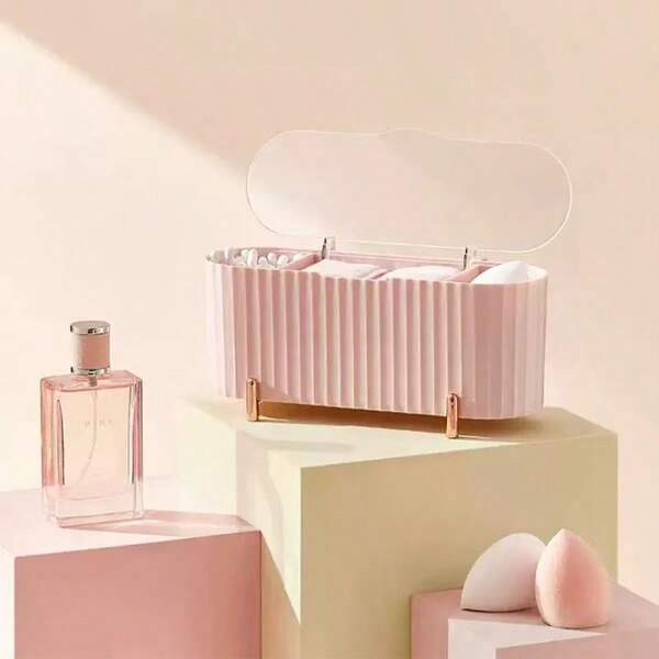 1pc Cosmetic Storage Box, Available In Pink, White And Green. The Unique Vertical Pattern Appearance, Combined With Exquisite Feet, Fully Showcases The Style. The Transparent Flip Cover Design Is Dust-Proof And Clearly Visible.