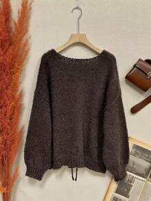 Women's Vintage Front Tie Long Sleeve Knit Cardigan, Warm & Versatile Sweater Jacket For Autumn/Winter