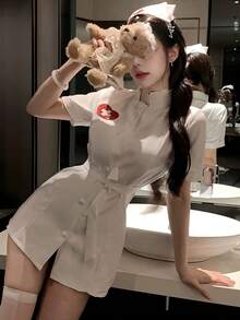 Sexy Nurse Uniform Cosplay Doctor Nurse High Collar Button Front Sequin Heart T-Shirt Dress Hairpin Cute Cosplay Women's Party - White - View 3