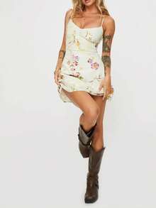 1 件花卉和叶子印花波西米亚风优雅休闲交叉吊带打结雪纺短裙，适合春夏季 - 彩色 - 查看 4