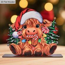 1 Stück 2D flaches Weihnachts-Holz-Spleiß-Ständerschild, süße Kalb-Dekorationsverzierung im Weihnachtsstil, Weihnachtsgeschenke, geeignet für Heimdekoration, Weihnachts-Tisch-Mittelstück-Dekoration, Party-Dekoration