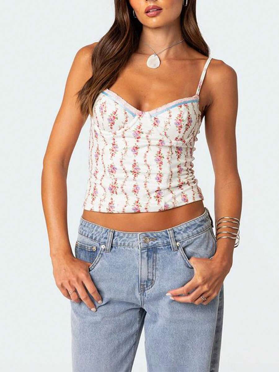 Women's New Holiday Fashion Printed Shoulder Vest With White And Yellow Tops, Suitable For Gatherings, Parties, Music Festivals, And Vacations - 白色 - 查看 1