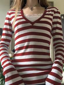Y2k Fairy Grunge Tops Women Long Sleeve V Neck Slim Fit Shirts Teen Girl Vintage Aesthetic Tee Halloween Streetwear - 紅色 - 查看 1