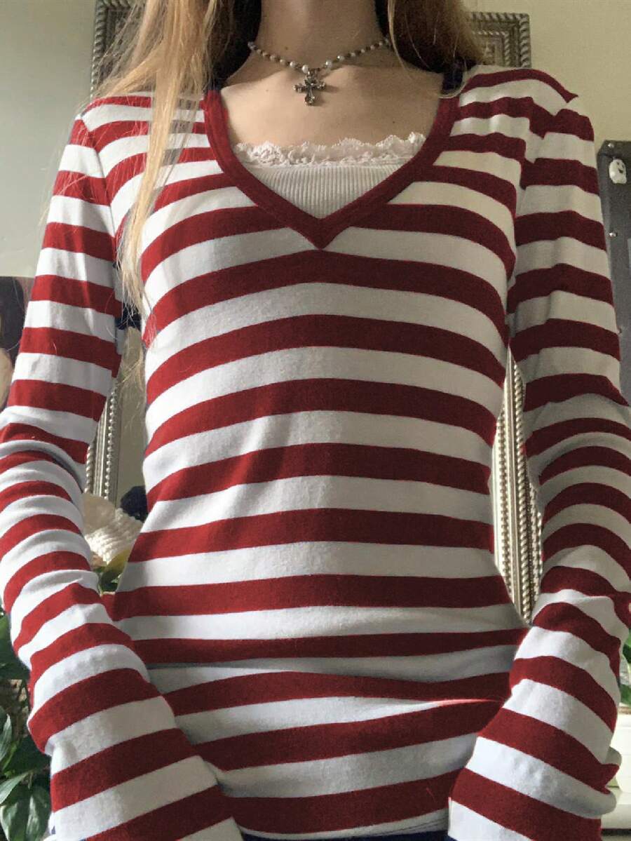 Y2k Fairy Grunge Tops Women Long Sleeve V Neck Slim Fit Shirts Teen Girl Vintage Aesthetic Tee Halloween Streetwear - 紅色 - 查看 1