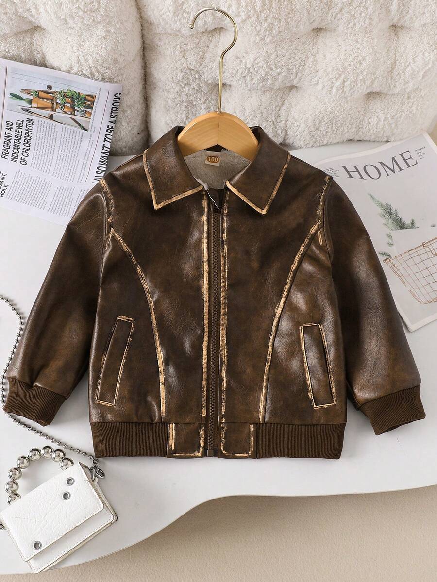 Jaqueta de Motociclista de Couro PU Vintage Desgastada da Moda para Meninas Pré-Adolescentes, Casaco Versátil para Crianças, Jaqueta Forrada Térmica Grossa para Outono/Inverno - Café - Visão 1