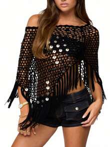 Women Sequin Embellishment Sheer Poncho Top Fringe Hem Off Shoulder See-Through Lightweight Knit Crochet Shrug Bolero Mesh Batwing Sleeve Sweater Fishnet Shawl Beach Cover Up Pullover Beachwear - 黑色 - 查看 1