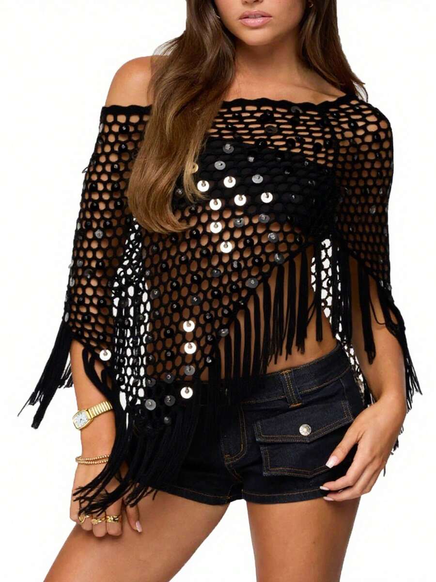 Women Sequin Embellishment Sheer Poncho Top Fringe Hem Off Shoulder See-Through Lightweight Knit Crochet Shrug Bolero Mesh Batwing Sleeve Sweater Fishnet Shawl Beach Cover Up Pullover Beachwear - 黑色 - 查看 1