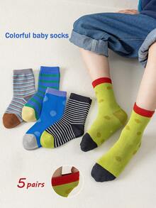 5 Pairs Boys' Striped Patchwork Socks (1-12 Years Old), Suitable For Boys' Outdoor Sports Wear In All Seasons, Fashionable, Soft And Minimalist, Suitable For Student And Teenager Outfits