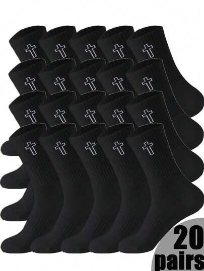10 Pares/20 Pares Meias de Cano Médio Bordadas com Cruz Preta e Branca, Meias Unissex Minimalistas para Casais, Meias Esportivas Multifuncionais de Moda, Meias de Outono