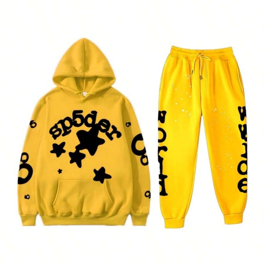 Women's And Men's Fashion Street Hooded Set - Playful Star And Letter Print, Loose Casual Design, Preferred Two - Piece For Daily Sports And Streetwear  Colorblock  Letter  Star    Casual    Pocket  Drawstring - Bộ đồ màu vàng - Xem 1