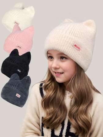 1pc Kids Cute Cat Ear Crochet Beanie Hat, Daily Wear, Winter