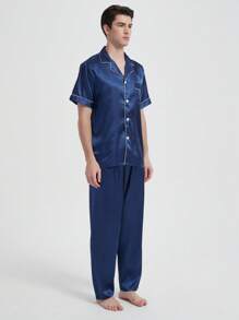 Plus Size Men's Summer Pajama Set - Casual V-Neck Short Sleeve Button-Up Top And Pants, Breathable Polyester, Machine Washable, Large