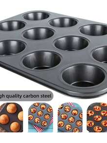 1 个 7/12 孔不粘松饼烤盘和 12 个纸杯蛋糕烤杯 - 易脱模烤盘，烤箱/洗碗机适用，适用于松饼/布朗尼/布丁/饼干/迷你蛋糕，厨房烤箱烘焙必需品和布朗尼烤盘 - 黑色 - 查看 5