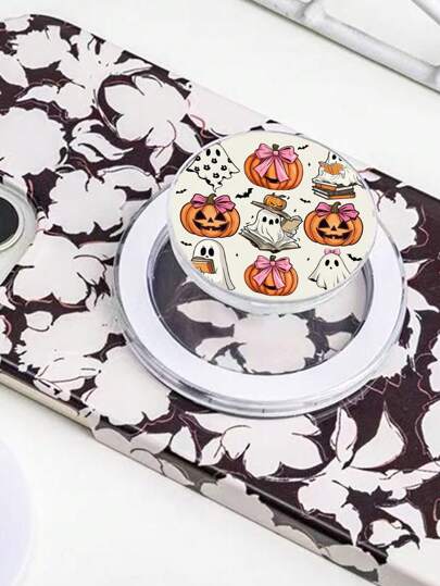 1pc Halloween's Day Whimsical Ghost & Pumpkin Print Phone Holder - Add A Festive Touch To Your Phone Compatible With IPhone, Android Phone, Gift For Birthday, Family, Friends Push-Pull Phone Grip Phone Accessories