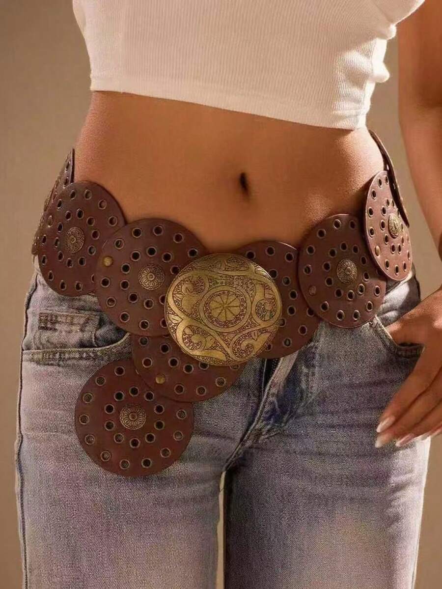 1 buc Curea la modă cu cataramă rotundă din PU, maro, bronz antic, stil boho oval din metal, potrivită pentru purtare zilnică