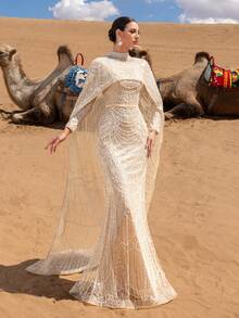 Faeriesty Valentine's Day Haute Glamour Luxe Two Pieces Sparkly Beaded Gown Set: Beaded Sequin Mermaid Gown & Fish Scale Beaded Cape, Long Sleeve Sheer Design With Cinched Waist - Elegant Bridal & Evening Wear Perfect For Weddings, Red Carpet Events, And Formal Galas For Women Birthday Outfit Clothes - Champagne - View 8