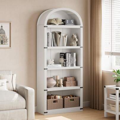 Belect 71.65 In 5 Shelf Bookcase, Arched, Display Storage Shelves, Industrial Bookcase, Wooden, For Bedroom, Living Room, Home Office