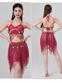 Belly Dance Mesh Halter Crop Top With Dangling Coins, Asymmetric Sheer Skirt With Coin Trim For Stage Performance & Carnival - Multicolor - View 7