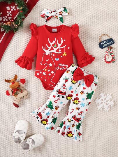 Set da 3 pezzi: top con maniche a sbuffo, pantaloni a zampa e fascia per capelli, con stampa di cervi natalizi, outfit casual natalizio per bambine