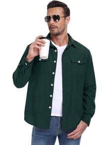 Men's Corduroy Button Down Long Sleeve Casual Shacket Western Shirt With Flap Pockets, 2025 Style - A07 深綠色 - 查看 2