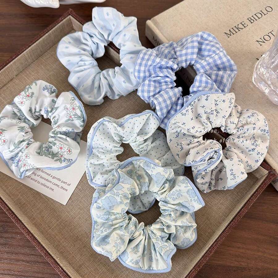 Scrunchies For Women Girls Polka Dot Plaid Floral Printed Scrunchies For Long Thick Hair Soft Scrunchy Hair Ties Elastic Hair Bands Cute Ponytail Holders Hair Accessories (2pcs)