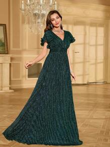 Women V-Neck Ruffle Sleeve Waist Shiny Elegant Party Evening Dress