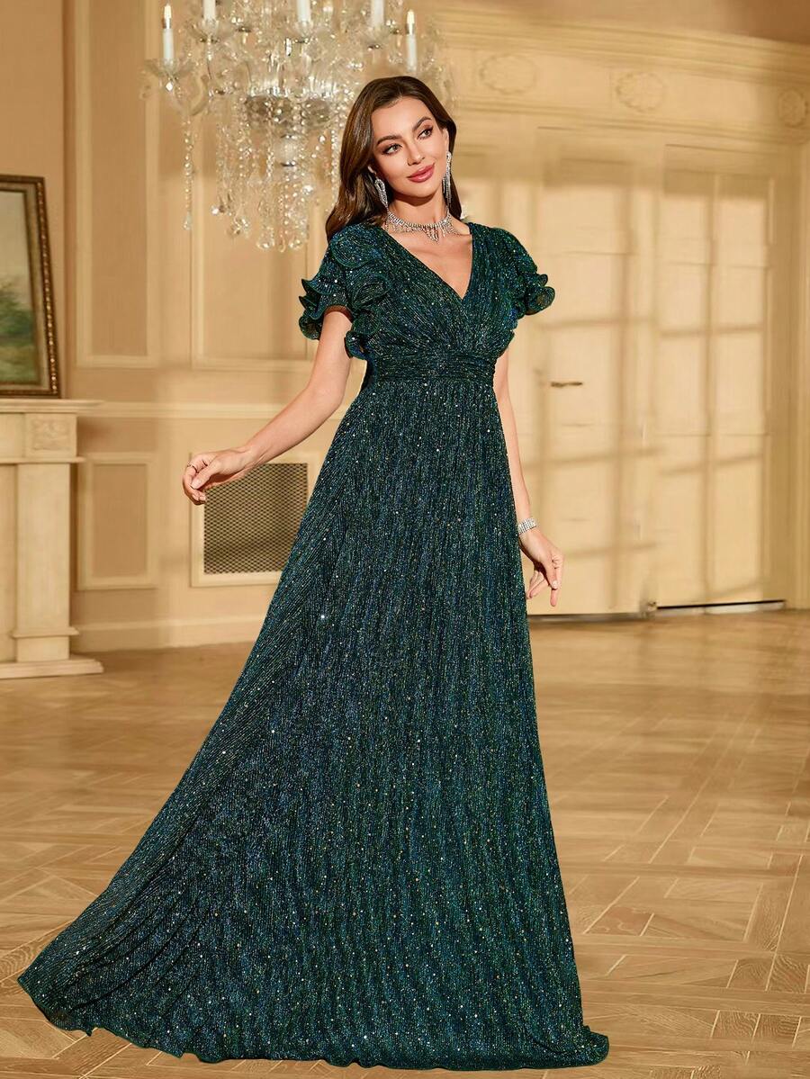 Women V-Neck Ruffle Sleeve Waist Shiny Elegant Party Evening Dress