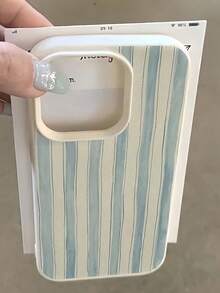 1pc Wavy Blue Striped Personalized Pattern White Litchi Texture Full Coverage TPU Shockproof Phone Case Compatible With IPhone 16, 15, 14, 13, 12, 11, 17 Pro Max