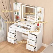 Tocador con espejo, luces LED y 7 cajones - Perfect For Organizing Makeup, Skincare, Elegant Vanity|Decorative Vanity, Vanity Furniture, Compact For Small Space, Bedroom Decor Gift, Perfect Gift For Women Girls , Ideal para regalos de Navidad y Halloween. - Blanco - Ver 2