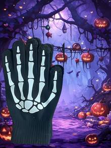 Skeleton Gloves Are Suitable For Halloween Role-Playing Parties And Daily Wear. They Are Ideal For Children's Winter Warmth, Luminous Halloween Costumes, Expression Accessories, Double Luminous Full-Finger Skeleton Gloves