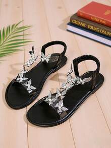 1 Pair Summer New Women's Diamond Butterfly Comfortable Elastic Upper Flat Sandals, Casual Vacation Style, Fashion & Versatile