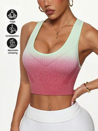 Women's Seamless Knit Ribbed Gradient Sexy Bra - Shockproof & Breast Lifting, Creates A Beautiful Back Silhouette, Suitable As A Sports Bra & Gym Top